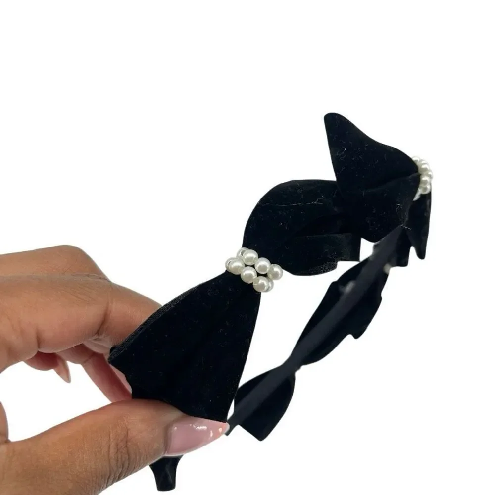 Black Velvet Bow Headband Pearl Embellished Feminine Coquette Hair Accessory